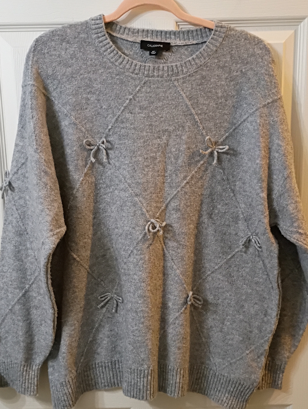 Calligraphie Gray Diamond-Knit Crew Sweater with Bow Accents